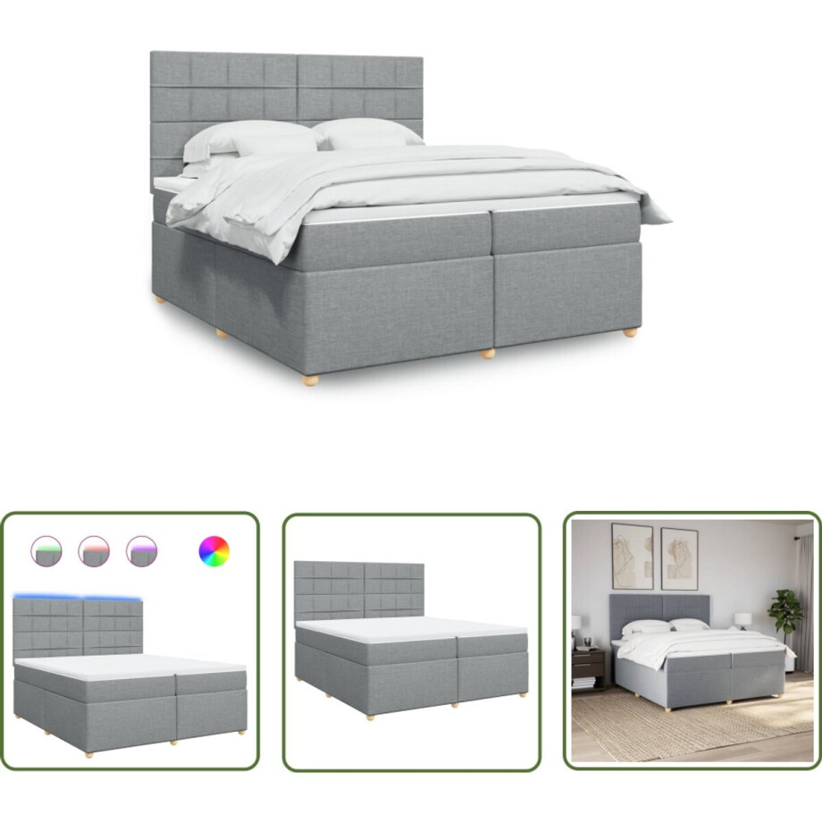 vidaXL Slaapcomfort - Boxspring - Boxspring met matras stof lichtgrijs 200x200 cm - Led Verlichting - Matras - Boxsprings afbeelding 1