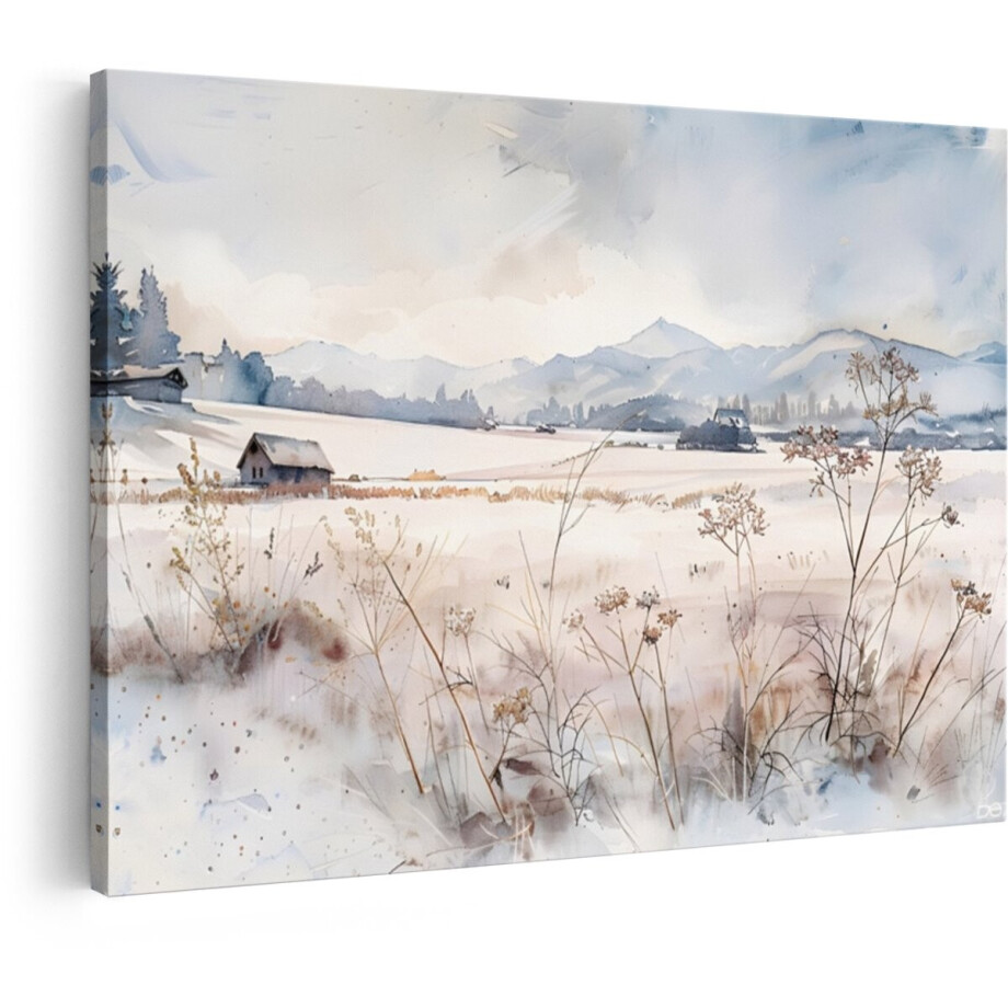 Artaza Canvas Schilderij Schilderachtige Winterse Boerderij met Besneeuwde Velden en Bergen op de Achtergrond - 30x20 cm - Klein - Wanddecoratie Woonkamer - Schilderijen - Muurdecoratie afbeelding 1