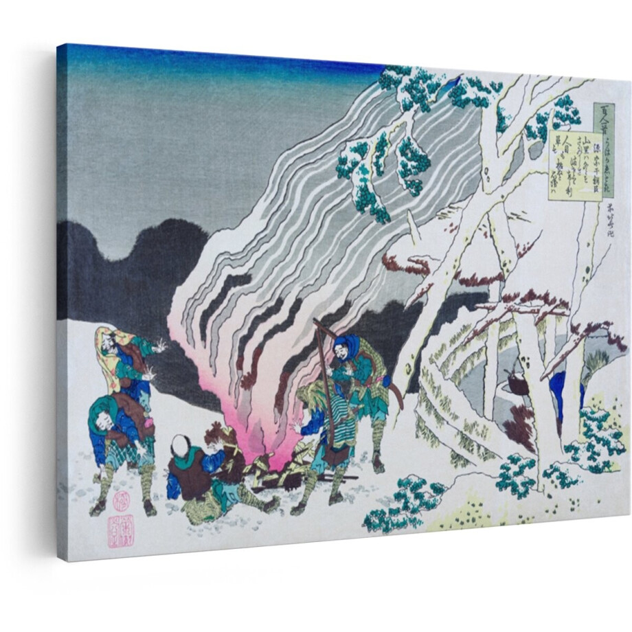 Artaza Canvas Schilderij Ukiyo-E Houtsnede van een Groep Mensen Die zich Opwarmen bij een Kampvuur in de Sneeuw - 30x20 cm - Klein - Wanddecoratie Woonkamer - Schilderijen - Muurdecoratie afbeelding 1