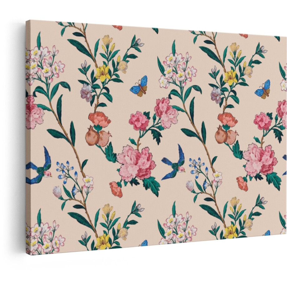 Artaza Canvas Schilderij Bloemen - 120x80 cm - Wanddecoratie Vintage - Muurdecoratie Vogels - Schilderijen Op Canvas Roze afbeelding 1