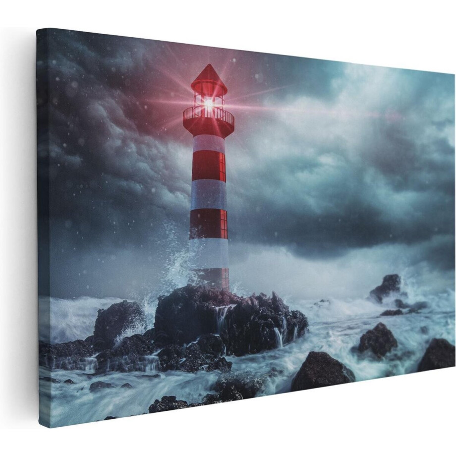 Artaza Canvas Schilderij Vuurtoren - 120x80 cm - Groot - Wanddecoratie Zee - Muurdecoratie Storm - Schilderijen Op Canvas afbeelding 1