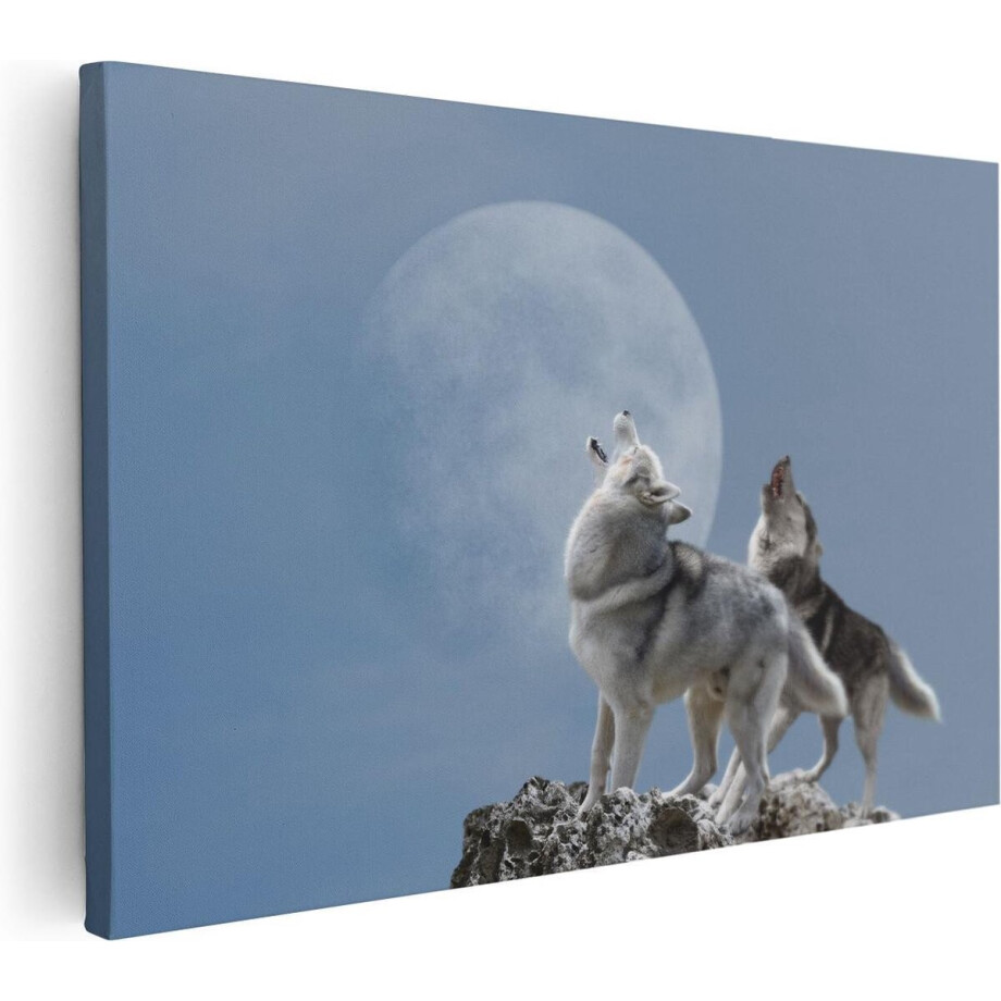 Artaza Canvas Schilderij Twee Wolven Die Huilen Tijdens Volle Maan - 30x20 - Klein - Foto Op Canvas - Canvas Print afbeelding 1