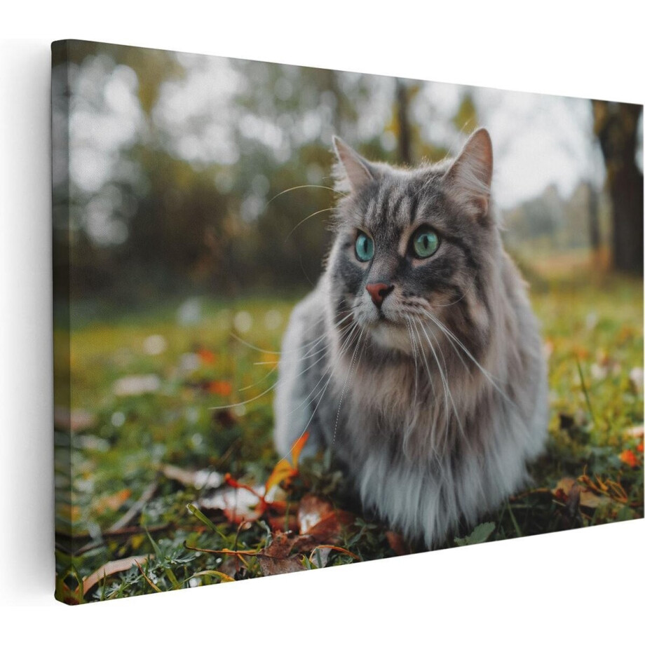 Artaza Canvas Schilderij Kat Met Groene Ogen Op Het Gras - 120x80 cm - Groot - Wanddecoratie Woonkamer - Schilderijen - Muurdecoratie afbeelding 1