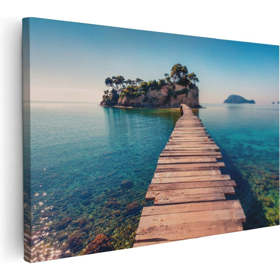 Artaza Canvas Schilderij Pad Op Het Water Naar Een Grieks Eiland - 90x60 - Foto Op Canvas - Canvas Print - Muurdecoratie afbeelding 1