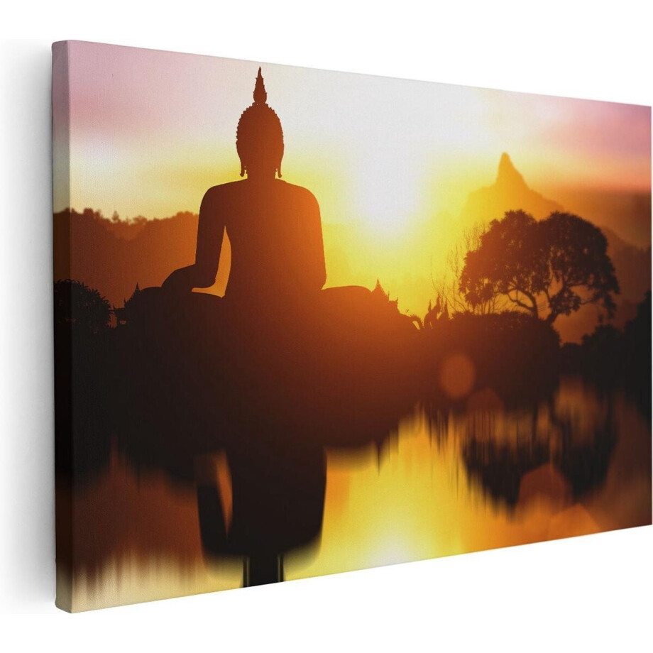 Artaza Canvas Schilderij Boeddha - 60x40 cm - Wanddecoratie Zonsondergang - Muurdecoratie Bergen - Spiritueel Schilderijen Op Canvas afbeelding 1