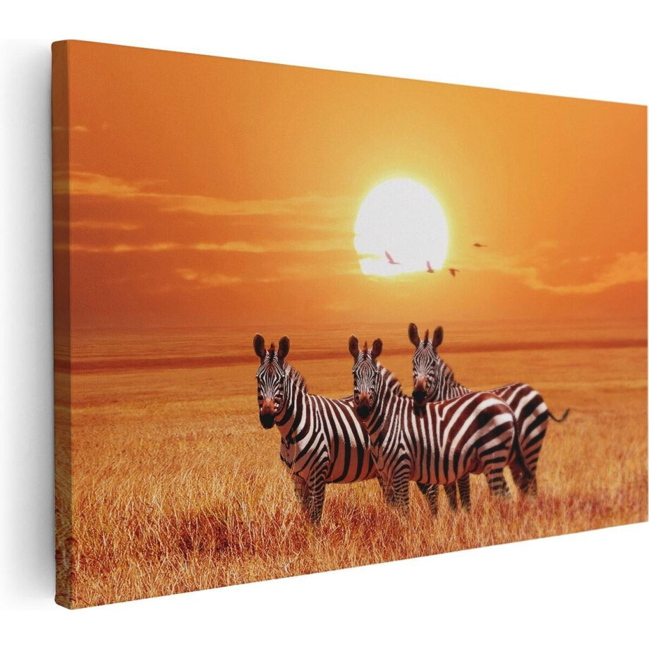 Artaza Canvas Schilderij Drie Zebra's Bij Zonsondergang - 60x40 - Foto Op Canvas - Canvas Print afbeelding 1