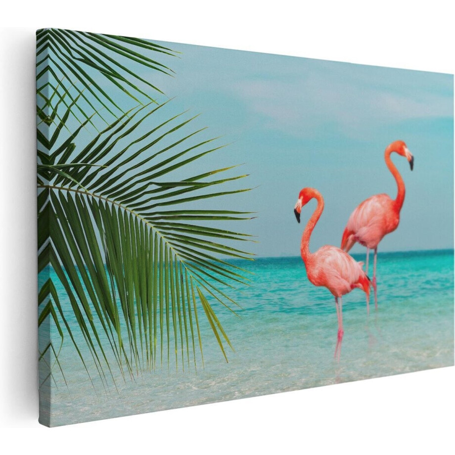 Artaza Canvas Schilderij Twee Flamingo's in het Water - 120x80 - Groot - Foto Op Canvas - Wanddecoratie Woonkamer afbeelding 1