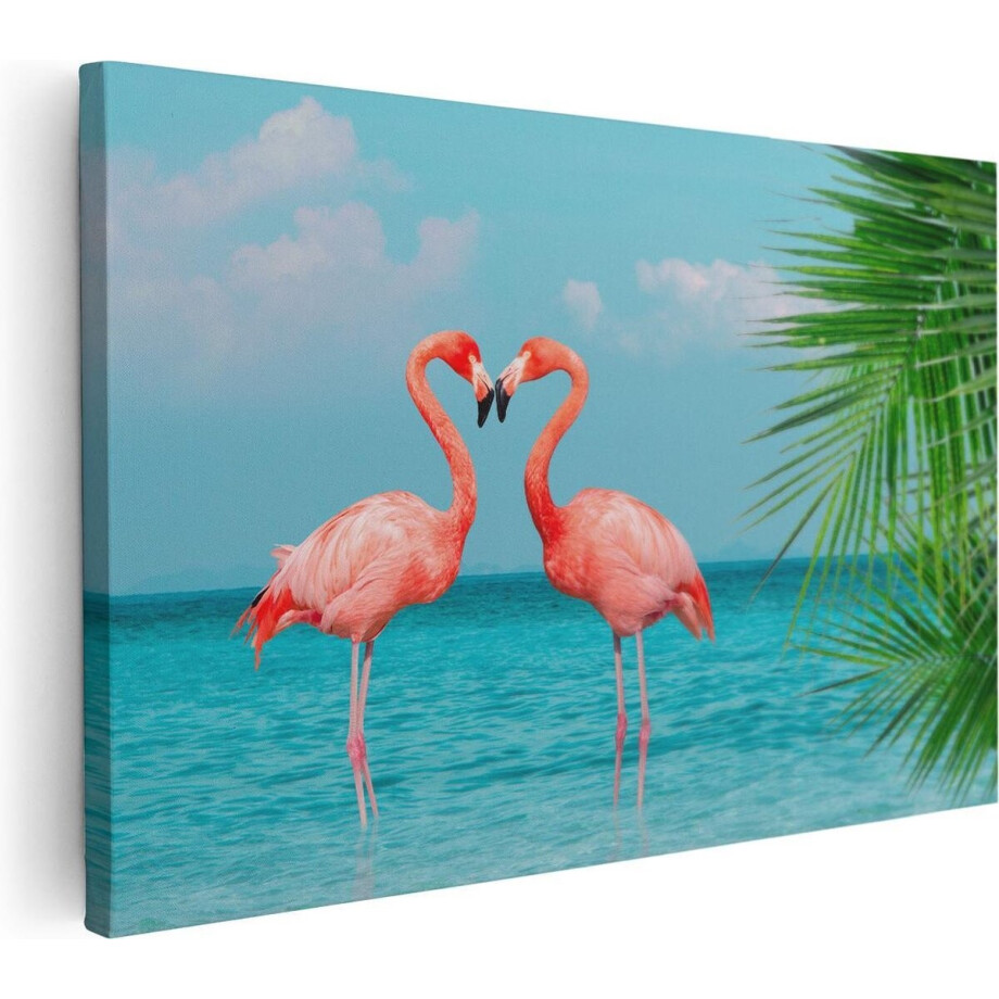 Artaza Canvas Schilderij Twee Flamingo's in een Hart Vorm in het Water - 120x80 cm - Groot - Wanddecoratie Woonkamer - Schilderijen - Muurdecoratie afbeelding 1