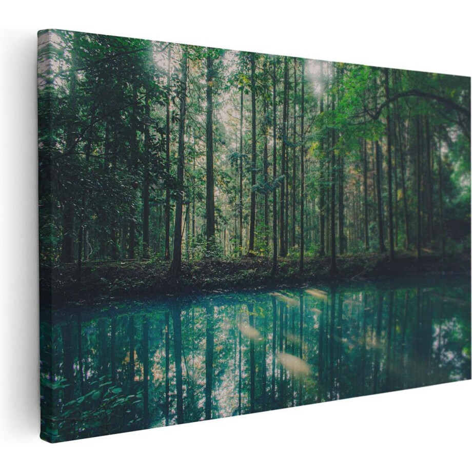 Artaza Canvas Schilderij Bos Bij Een Groen Meer - 120x80 - Groot - Foto Op Canvas - Wanddecoratie Woonkamer afbeelding 1