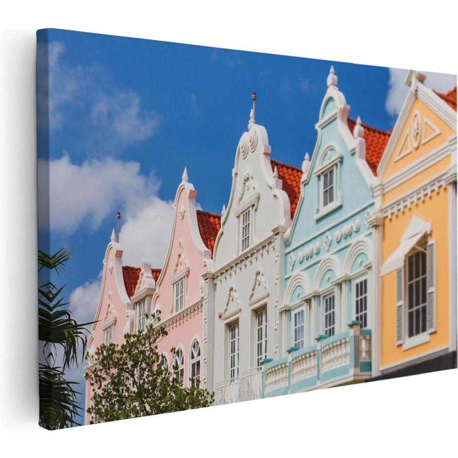Artaza Canvas Schilderij Aruba Kleurrijke Huisjes - Nederlandse Antillen - 120x80 - Groot - Foto Op Canvas - Wanddecoratie afbeelding 1