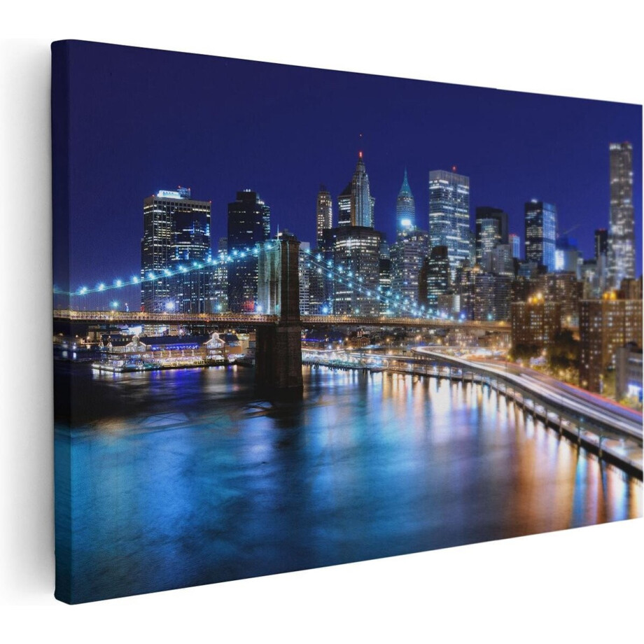 Artaza Canvas Schilderij New York Skyline - 60x40 cm - Wanddecoratie Brooklyn Bridge - Muurdecoratie Nacht - Schilderijen Op Canvas afbeelding 1