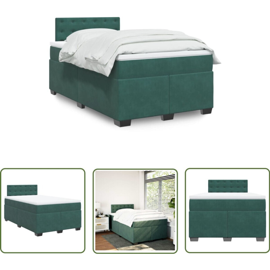 vidaXL Boxspringbed - Boxspring - Boxspring met matras fluweel donkergroen 120x200 cm - Fluweel Bed - Groen Bed - Tweepersoonsbed afbeelding 1