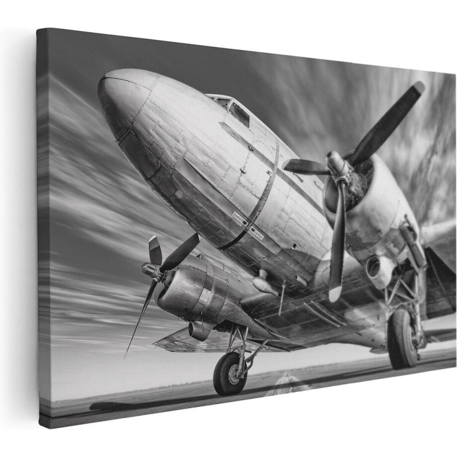 Artaza Canvas Schilderij Vliegtuig - 90x60 cm - Wanddecoratie Zwart Wit - Muurdecoratie Woonkamer - Kamer Accessoires afbeelding 1
