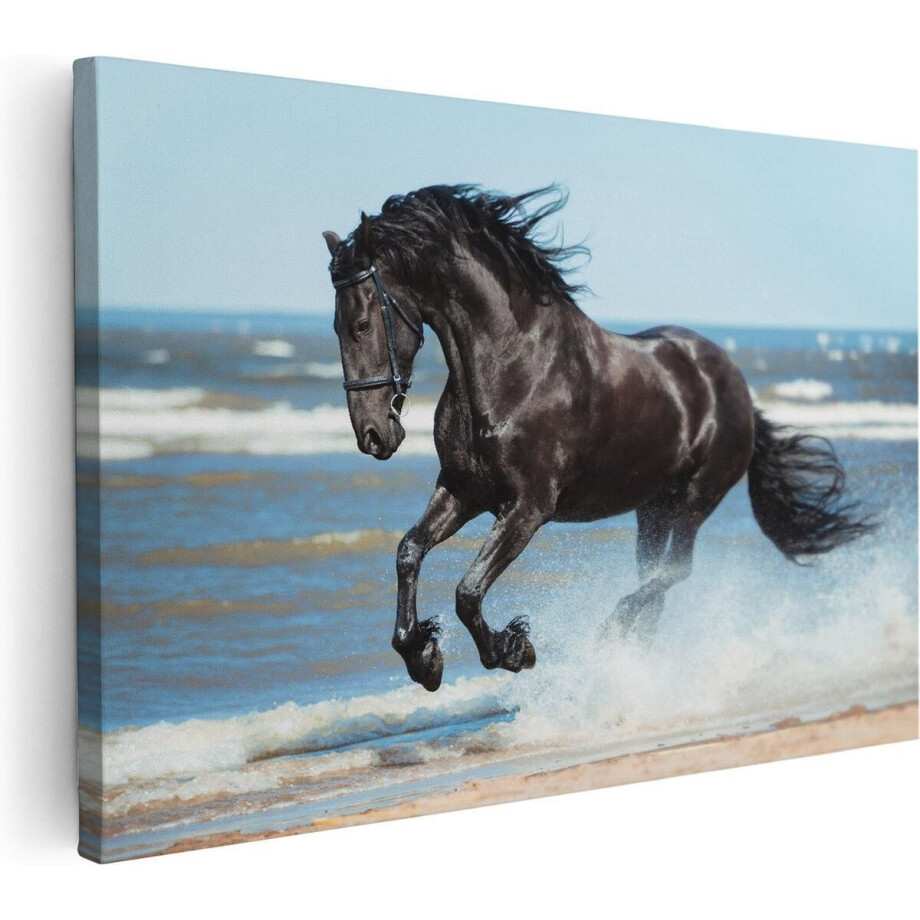 Artaza Canvas Schilderij Zwart Paard In Het Water - 120x80 cm - Groot - Wanddecoratie Woonkamer - Schilderijen - Muurdecoratie afbeelding 1