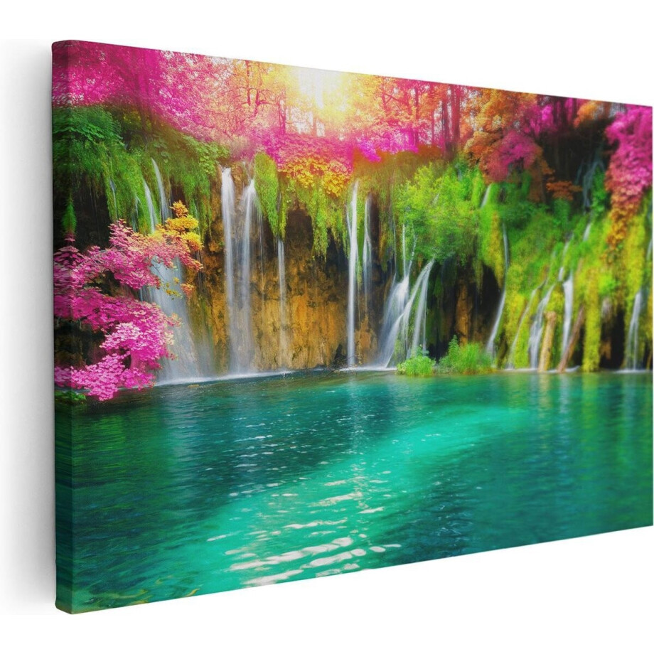 Artaza Canvas Schilderij Waterval Met Roze En Groene Bloemen - 60x40 - Foto Op Canvas - Canvas Print afbeelding 1