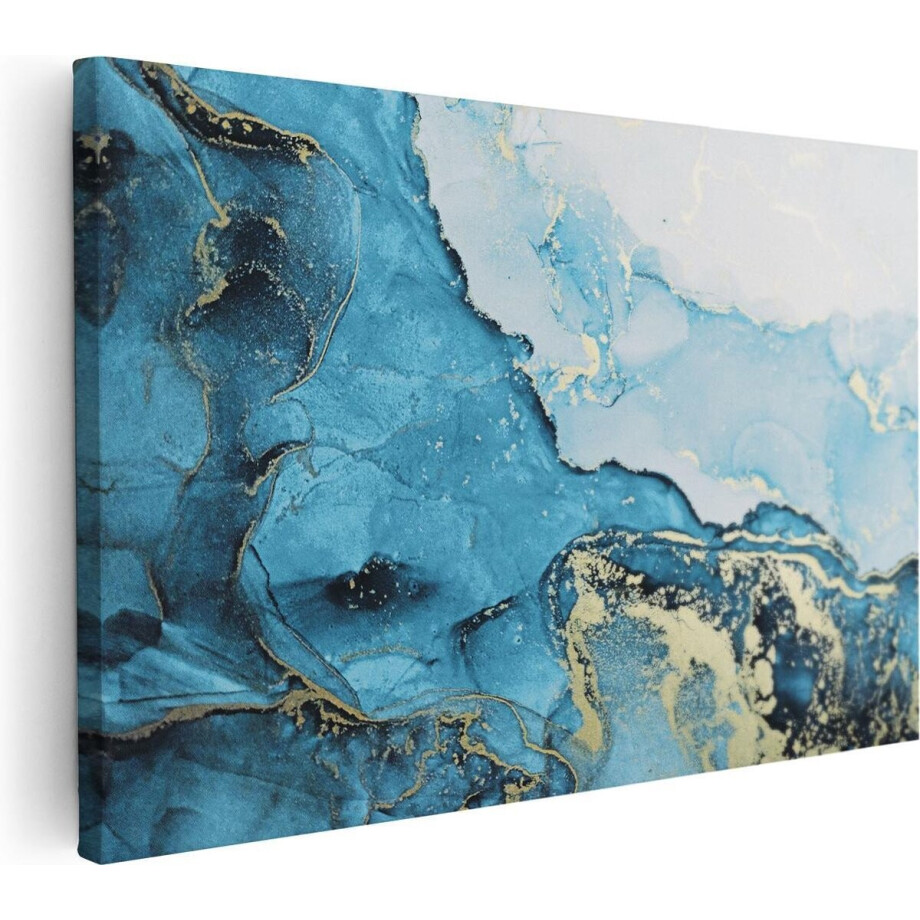 Artaza Canvas Schilderij Abstracte Kunst van Blauwe Marmer met Goud - 90x60 cm - Wanddecoratie Woonkamer - Schilderijen - Muurdecoratie afbeelding 1
