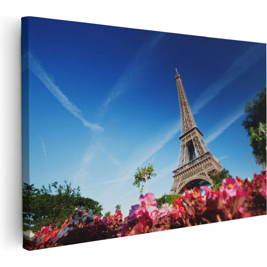 Artaza Canvas Schilderij Eiffeltoren In Parijs Met Bloemen - 120x80 - Groot - Foto Op Canvas - Wanddecoratie Woonkamer afbeelding 1
