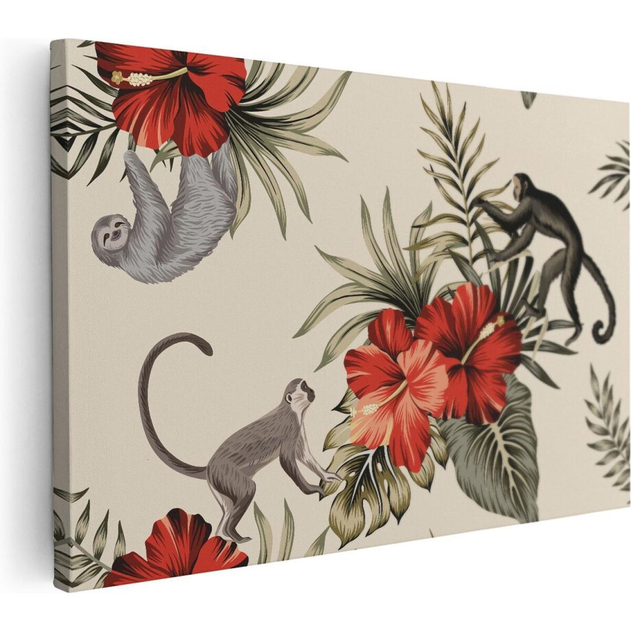 Artaza Canvas Schilderij Jungle - 30x20 cm - Klein - Wanddecoratie Hibiscus - Muurdecoratie Dieren - Kamer Accessoires Luiaard afbeelding 1
