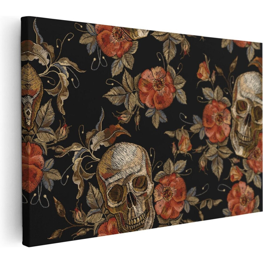 Artaza Canvas Schilderij Doodshoofden met Bloemen - Schedels - 90x60 - Foto Op Canvas - Canvas Print - Muurdecoratie afbeelding 1