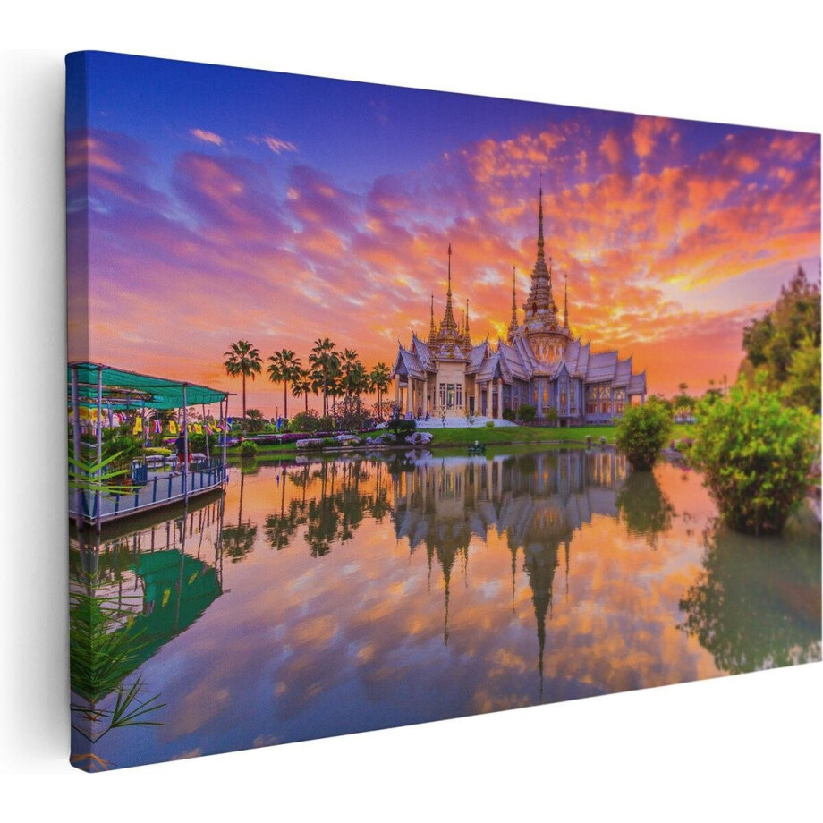 Artaza Canvas Schilderij Tempel Thailand - 30x20 cm - Klein - Wanddecoratie Zon - Muurdecoratie Reflectie - Kamer Accessoires afbeelding 1