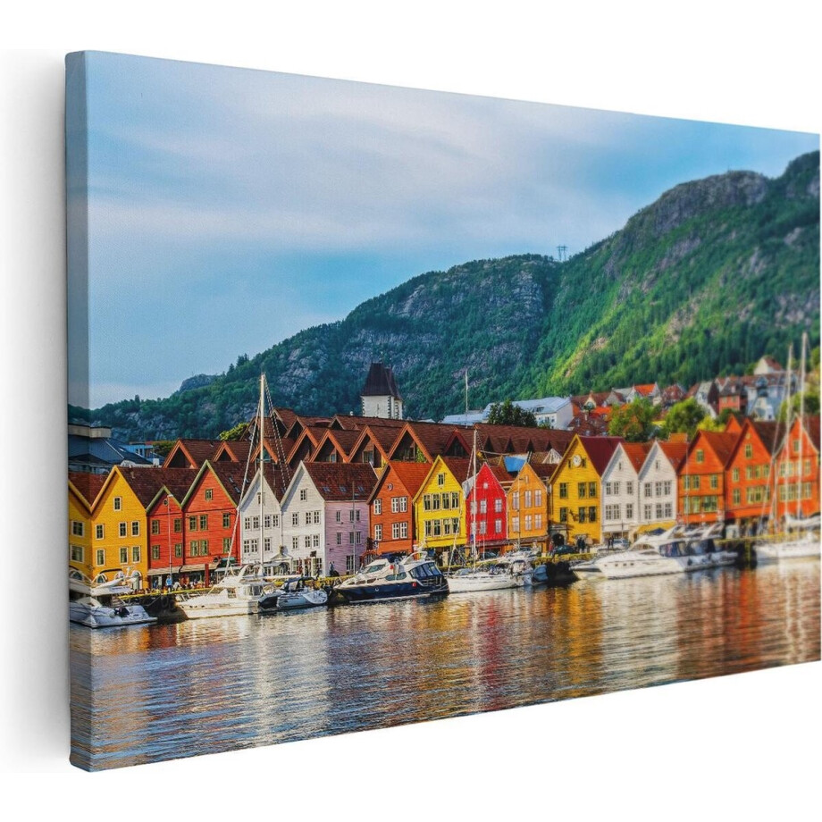 Artaza Canvas Schilderij Gekleurde Huizen in Byrggen, Noorwegen - 120x80 - Groot - Foto Op Canvas - Wanddecoratie Woonkamer afbeelding 1