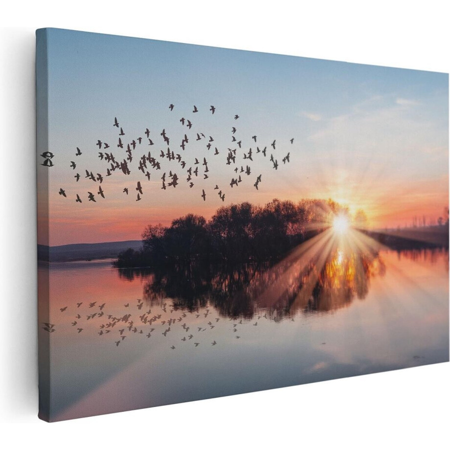 Artaza Canvas Schilderij Groep Vogels Boven De Meer Met Zonsondergang - 90x60 - Foto Op Canvas - Canvas Print - Muurdecoratie Artaza Canvas Schilderij Groep Vogels Boven De Meer Met Zonsondergang - 90x60 - Foto Op Canvas - Canvas Print - Muurdecoratie afbeelding 1