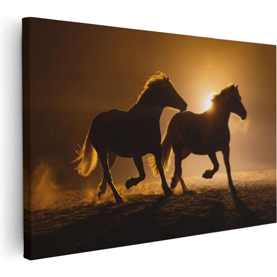 Artaza Canvas Schilderij Paarden - 90x60 cm - Wanddecoratie Zonsondergang - Muurdecoratie Dieren - Schilderijen Op Canvas afbeelding 1