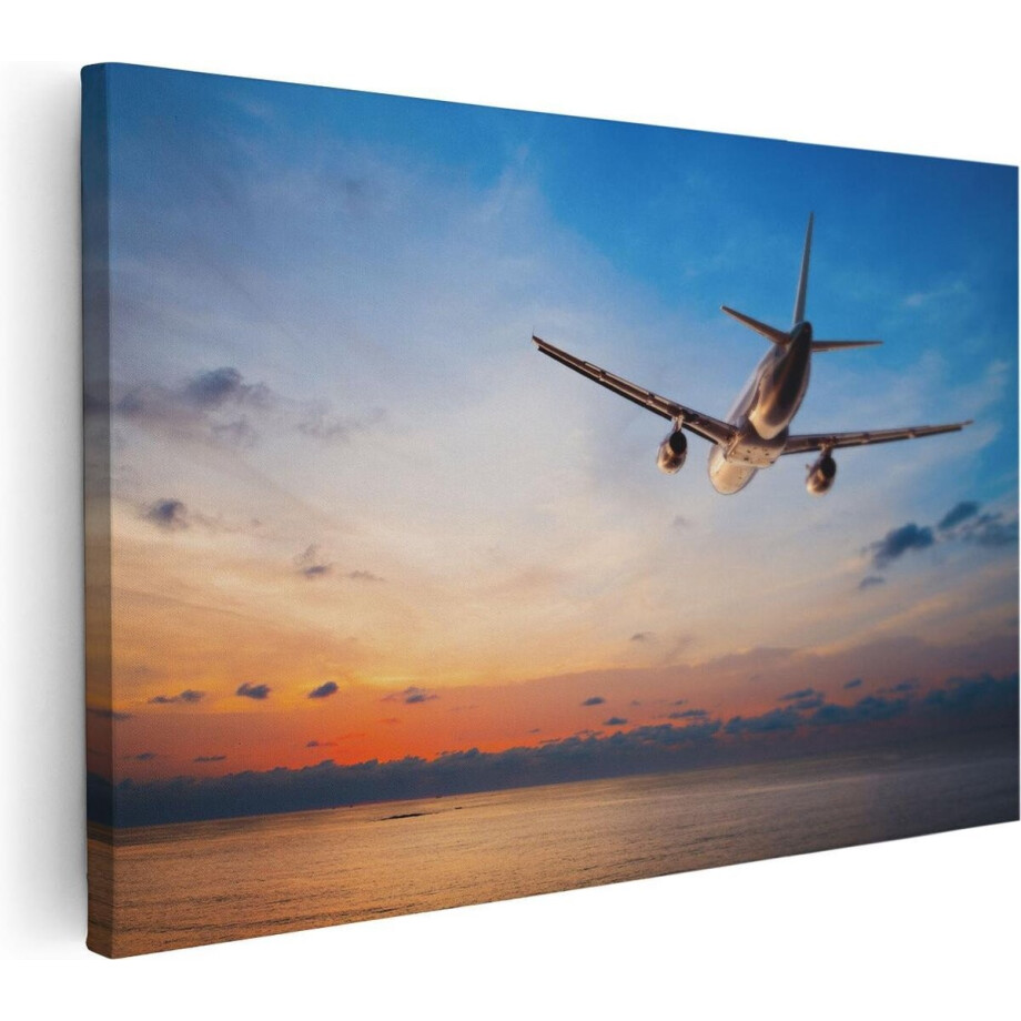 Artaza Canvas Schilderij Vliegtuig Zonsondergang - 120x80 cm - Groot - Wanddecoratie Zee - Muurdecoratie Strand - Schilderijen Op Canvas afbeelding 1