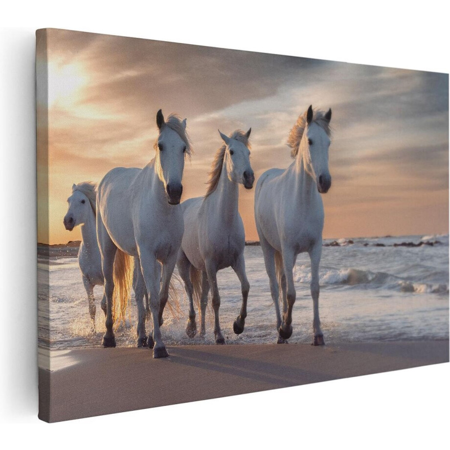Artaza Canvas Schilderij Paarden - 60x40 cm - Wanddecoratie Strand - Muurdecoratie Zee - Schilderijen Op Canvas Zonsondergang afbeelding 1
