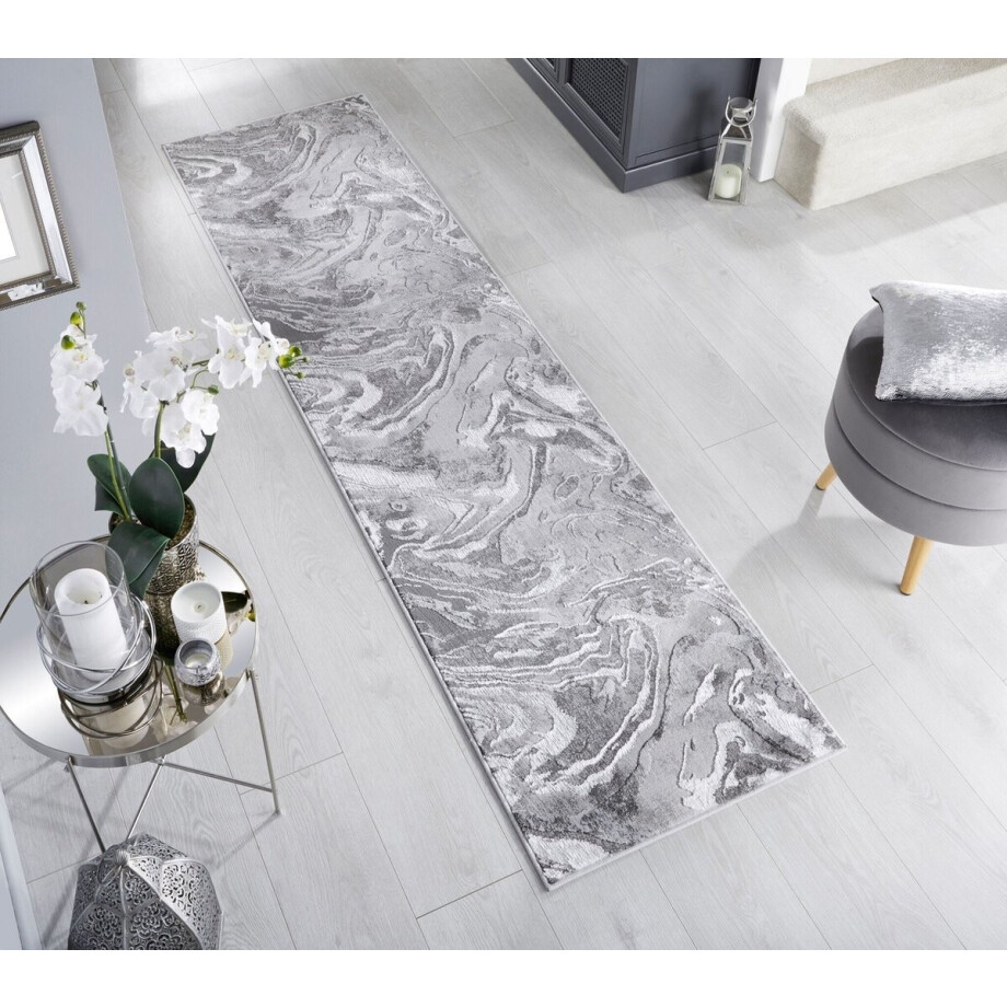 Flycarpets Loper Modern Vloerkleed - Marbled - Laagpolig - Marmer - Zilver - 80x300 cm afbeelding 1