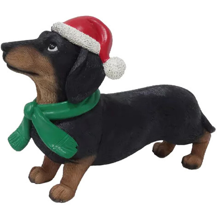 Beeld Teckel kerstmuts zwart rood 18 x 6 cm afbeelding 1