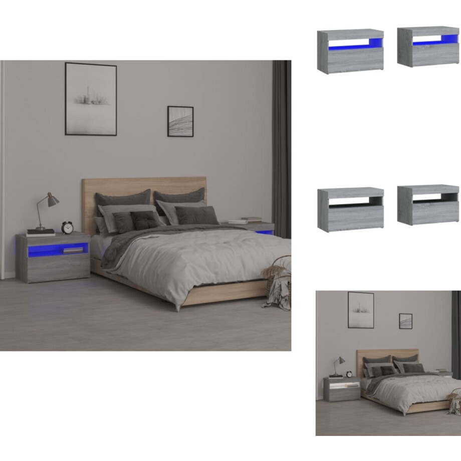 vidaXL - Nachtkastje - 2 - st - met - LED-verlichting - 60x35x40 - cm - grijs - sonoma afbeelding 1