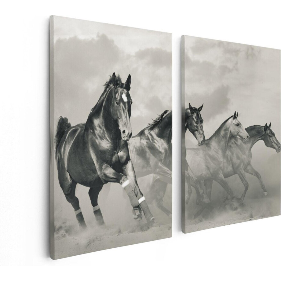 Artaza Canvas Schilderij Tweeluik Vier Paarden Naast Elkaar - Zwart Wit - 80x60 - Foto Op Canvas - Canvas Print afbeelding 1