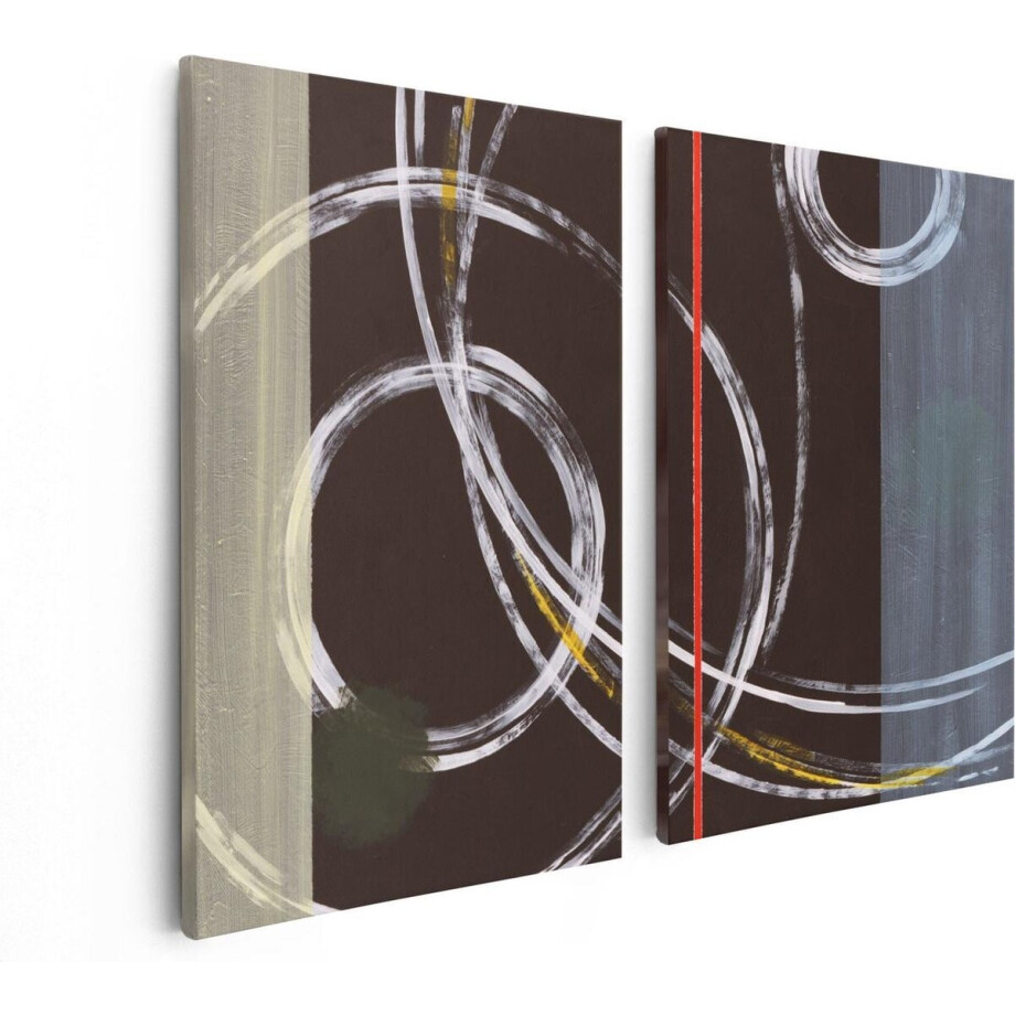 Artaza Canvas Schilderij Tweeluik Abstracte Cirkels met een Rode Lijn - 80x60 cm - Wanddecoratie Woonkamer - Schilderijen - Muurdecoratie afbeelding 1