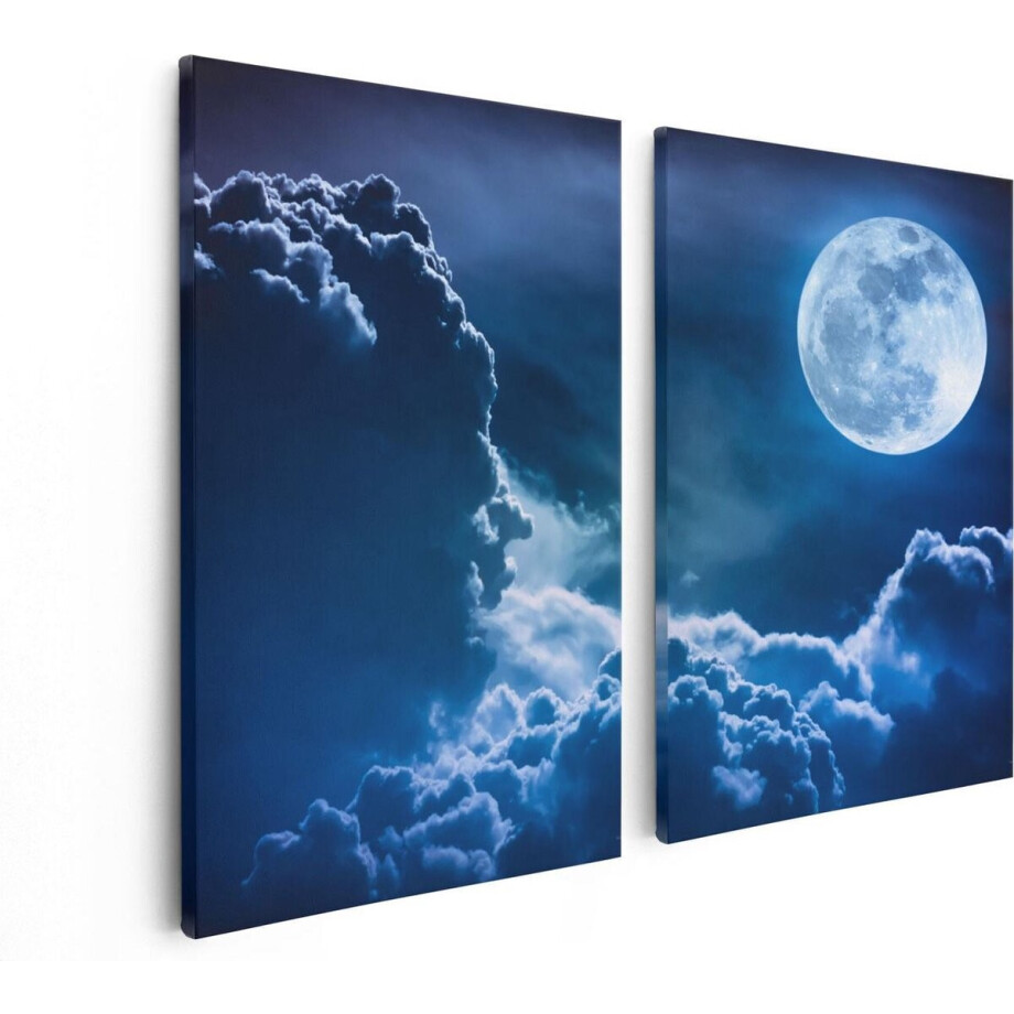Artaza Canvas Schilderij Tweeluik Volle Maan bij Wolken - 80x60 - Foto Op Canvas - Canvas Print afbeelding 1