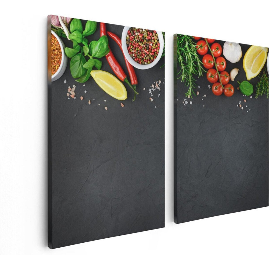 Artaza Canvas Schilderij Tweeluik Kruiden Met Groenten Op Een Zwarte Plaat - 80x60 - Foto Op Canvas - Canvas Print afbeelding 1