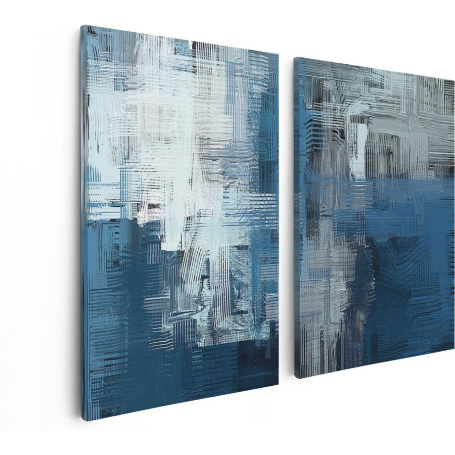 Artaza Canvas Schilderij Tweeluik Abstracte Kunst - Blauw Witte Penseelstreken - 80x60 cm - Wanddecoratie Woonkamer - Schilderijen - Muurdecoratie afbeelding 1