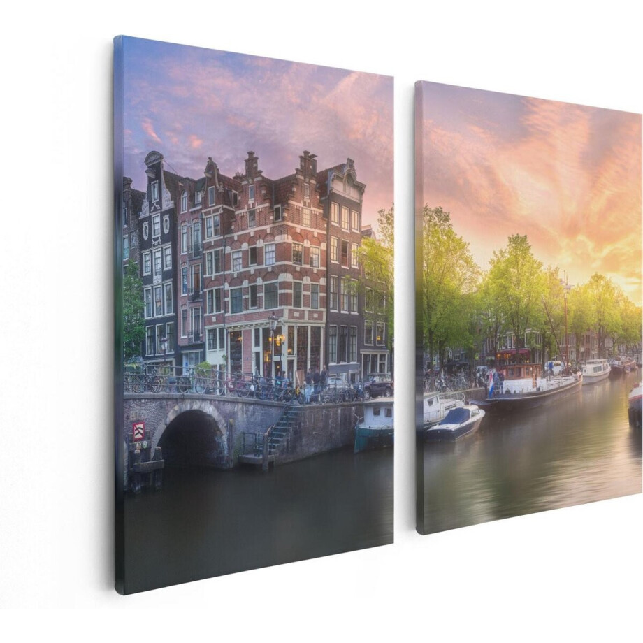 Artaza Canvas Schilderij Tweeluik Amsterdamse Grachten  - 80x60 - Foto Op Canvas - Canvas Print afbeelding 1