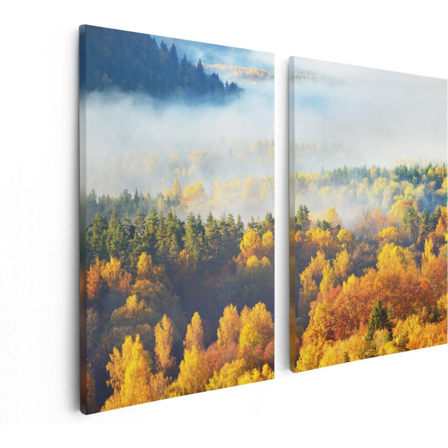 Artaza Canvas Schilderij Tweeluik Gekleurde Herfstbos Met Mist - 80x60 - Foto Op Canvas - Canvas Print afbeelding 1