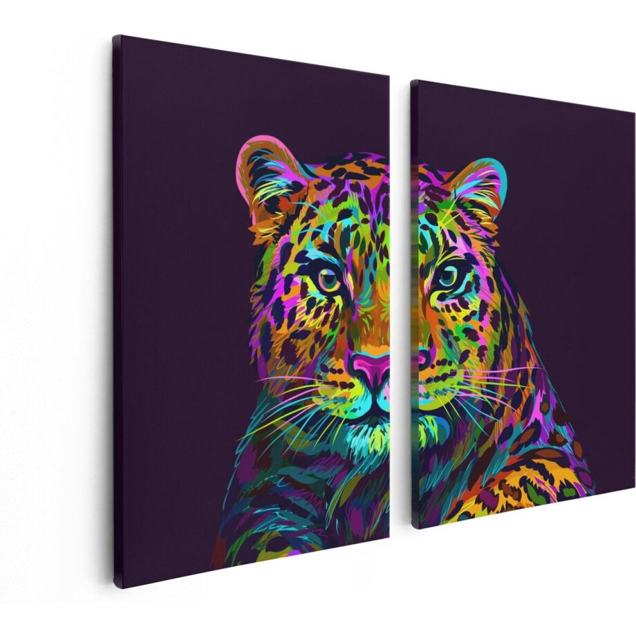 Artaza Canvas Schilderij Tweeluik Kleurrijke Luipaard - Abstract - 80x60 - Foto Op Canvas - Canvas Print afbeelding 1