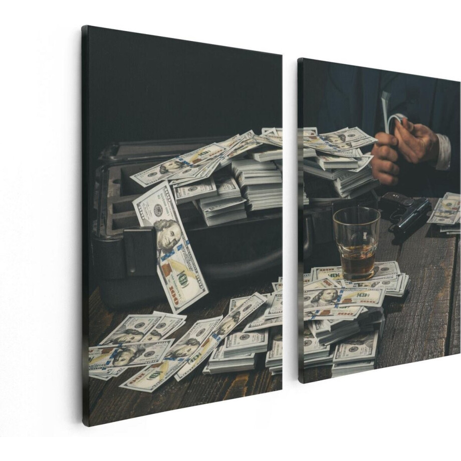 Artaza Canvas Schilderij Tweeluik Dollar Geld Briefjes Op Tafel Van De Maffia - 80x60 cm - Wanddecoratie Woonkamer - Schilderijen - Muurdecoratie afbeelding 1