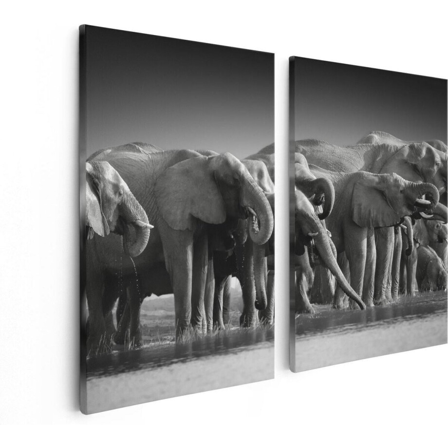 Artaza Canvas Schilderij Tweeluik Groep Olifanten Bij Het Water - Zwart Wit - 80x60 - Foto Op Canvas - Canvas Print afbeelding 1