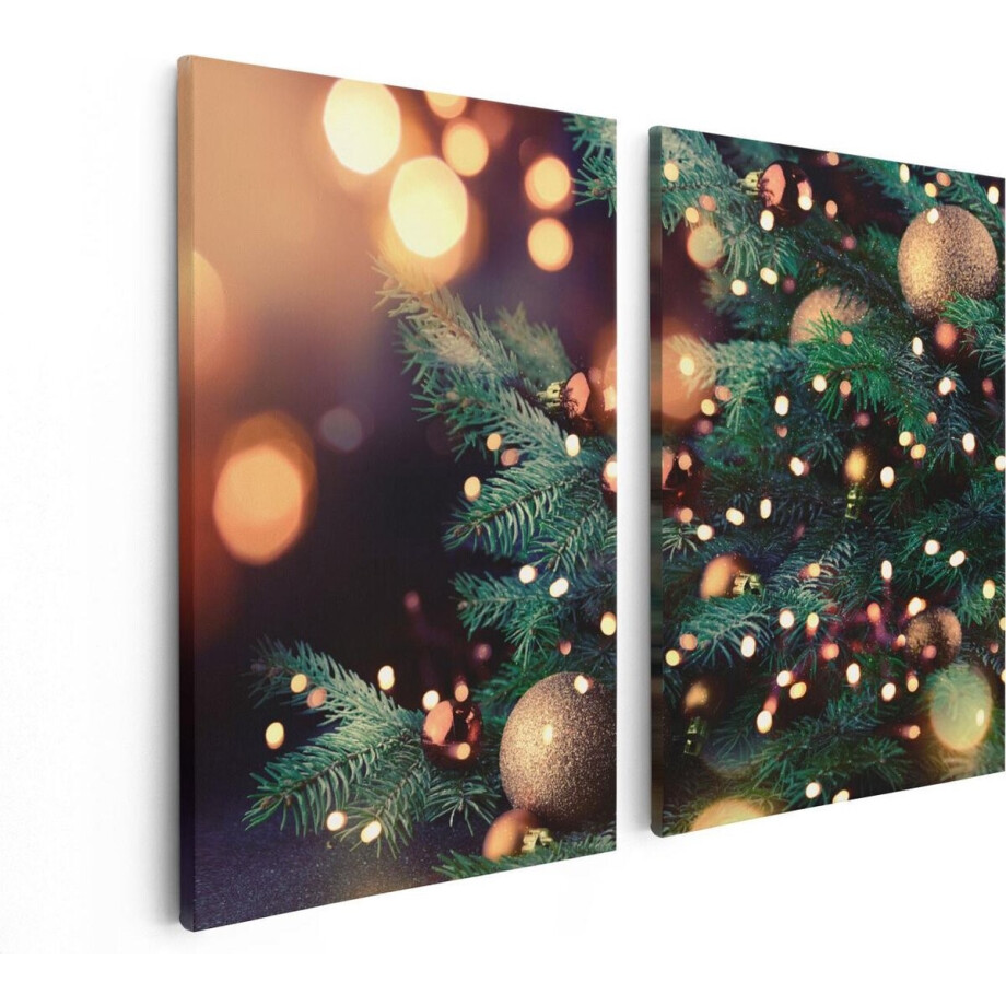Artaza Canvas Schilderij Tweeluik Versierde Kerstboom Met Lichtjes - 80x60 - Foto Op Canvas - Canvas Print afbeelding 1