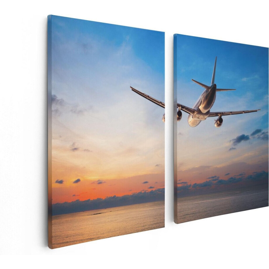 Artaza Canvas Schilderij Tweeluik Vliegtuig Boven De Zee Bij Zonsondergang - 80x60 - Foto Op Canvas - Canvas Print afbeelding 1