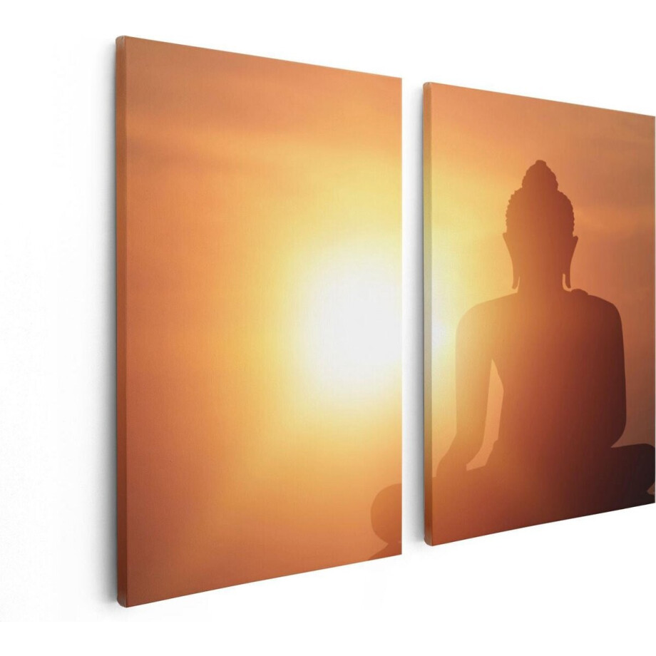 Artaza Canvas Schilderij Tweeluik Silhouet Van Een Boeddha Beeld Met Zonsondergang - 80x60 - Foto Op Canvas - Canvas Print afbeelding 1
