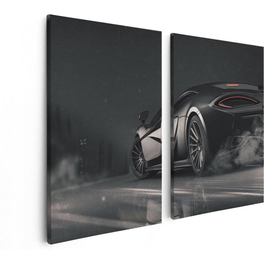 Artaza Canvas Schilderij Tweeluik Zwarte Sportwagen Auto Nabij Een Stad - 80x60 - Foto Op Canvas - Canvas Print afbeelding 1