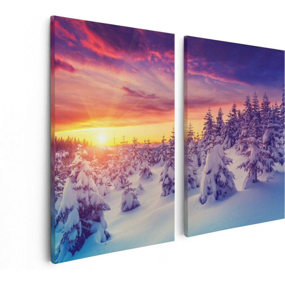 Artaza Canvas Schilderij Tweeluik Zonsondergang In Het Sneeuw Bos  - 80x60 - Foto Op Canvas - Canvas Print afbeelding 1