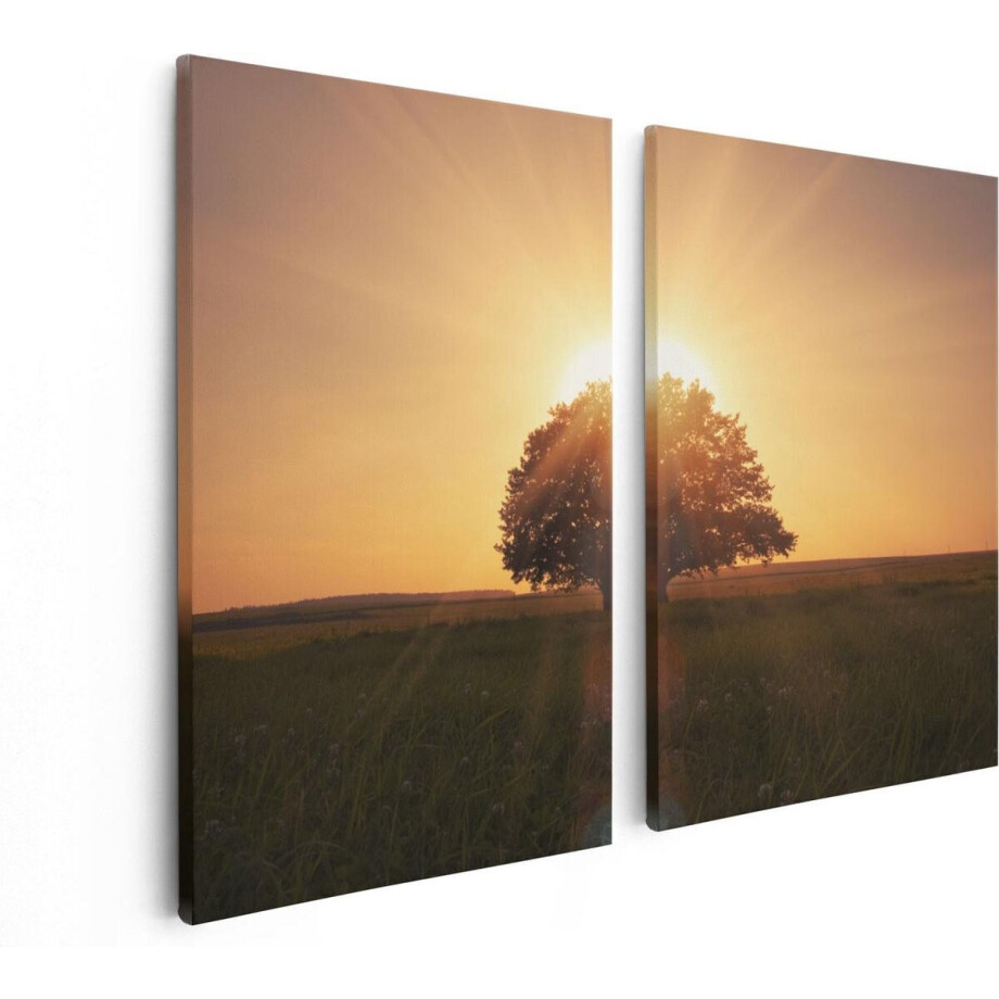 Artaza Canvas Schilderij Tweeluik Zonsondergang Achter Een Grote Boom - 80x60 - Foto Op Canvas - Canvas Print afbeelding 1