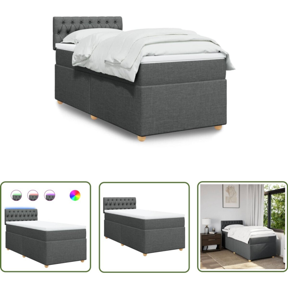 vidaXL Boxspringbed - Boxspring - Boxspring met matras stof donkergrijs 100x200 cm - Matras - Led Verlichting - Pocketvering vidaXL Boxspringbed - Boxspring - Boxspring met matras stof donkergrijs 100x200 cm - Matras - Led Verlichting - Pocketvering afbeelding 1