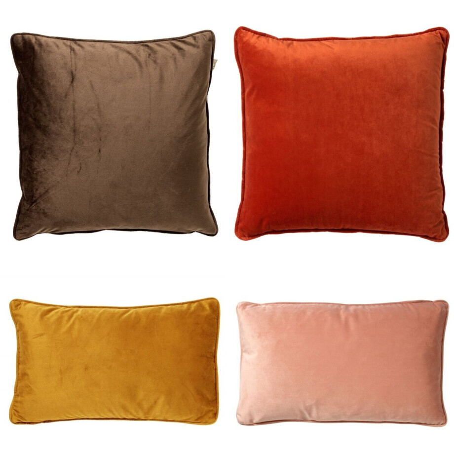 Dutch Decor - KUSSENSET - 4-delig - Matching Velvets - 45x45 cm en 30x50 cm - inclusief binnenkussens - bruin, oranje, geel, roze Dutch Decor - KUSSENSET - 4-delig - Matching Velvets - 45x45 cm en 30x50 cm - inclusief binnenkussens - bruin, oranje, geel, roze afbeelding 1